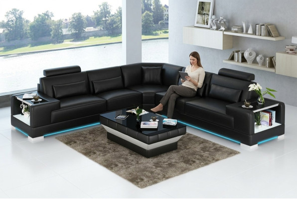 Canapé en cuir Canapé Paysage de vie Canapé d'angle Suite d'angle Design Canapé moderne avec USB