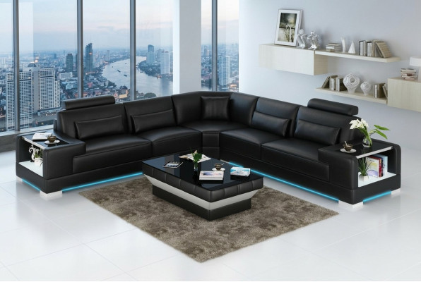 Canapé en cuir Canapé Paysage de vie Canapé d'angle Suite d'angle Design Canapé moderne avec USB