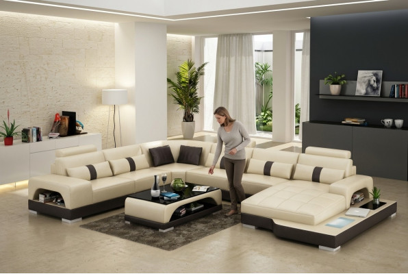 Cuir U-forme Salon Canapé Grand Canapé XXL LED USB Rembourrage d'angle Suite d'angle