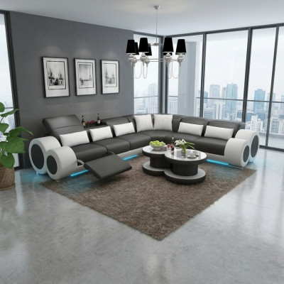 Canapé en cuir Canapé Paysage vivant Canapé d'angle Suite d'angle Design Canapé moderne USB Relax