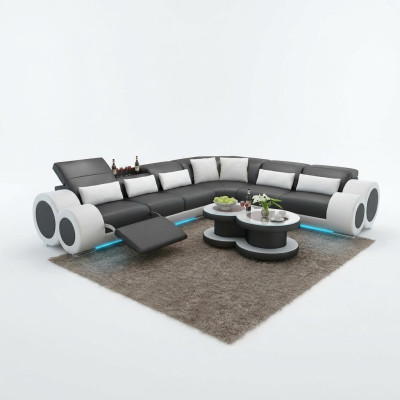 Canapé en cuir Canapé Paysage vivant Canapé d'angle Suite d'angle Design Canapé moderne USB Relax