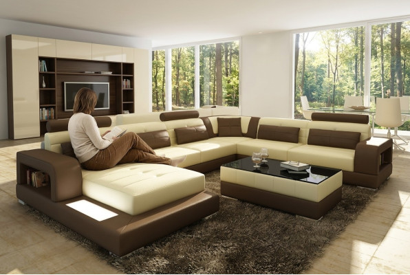 Canapé d'angle XXL Big Living avec prise USB, revêtement en cuir, ensemble de canapés lumineux