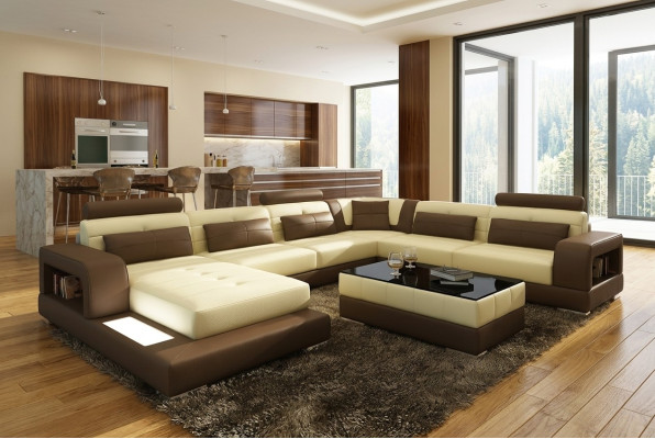 Canapé d'angle XXL Big Living avec prise USB, revêtement en cuir, ensemble de canapés lumineux