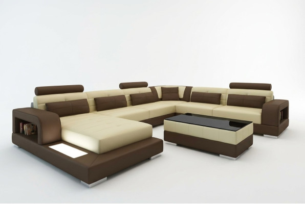 Canapé d'angle XXL Big Living avec prise USB, revêtement en cuir, ensemble de canapés lumineux