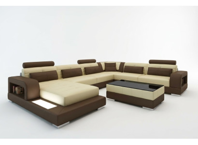 Canapé d'angle XXL Big Living avec prise USB, revêtement en cuir, ensemble de canapés lumineux