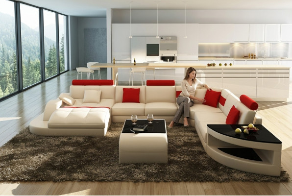 Sofa en cuir XXL Big Multifonction avec USB, canapé d'angle Eck Living Landscape, garniture de canapé.