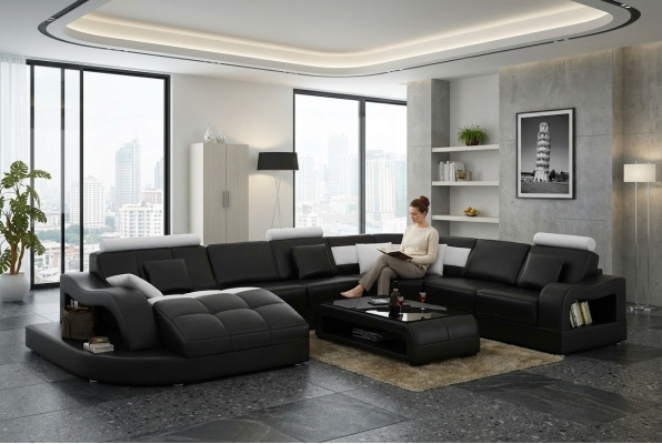 Canapé d'angle design avec méridienne Canapé de canapé de salon en forme de paysage en cuir en forme de U avec USB