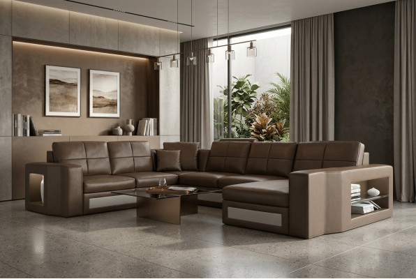 Design Living landscape Canapé en cuir Canapé d'angle Canapé d'angle Rembourrage Canapé d'angle USB + LED