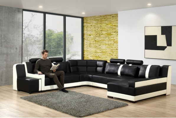 Canapé d'angle Living landscape + USB Revêtement d'angle Suite Design Canapé Moderne en Cuir