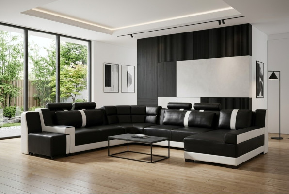Canapé d'angle Living landscape + USB Revêtement d'angle Suite Design Canapé Moderne en Cuir