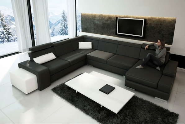 Canapé en forme de U avec USB Canapé Rembourrage Salon paysage Cuir Coin suite XXL nouveau.