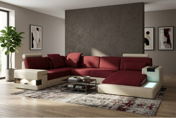 XXL Canapé d'angle en forme de U en cuir Canapé Rembourrage Cuir Textile USB Paysage vivant