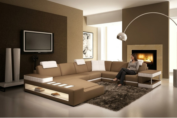 XXL Canapé d'angle en cuir en forme de U Canapé rembourré Canapé Sofa en cuir Textile USB