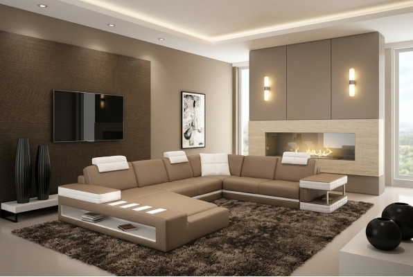 XXL Canapé d'angle en cuir en forme de U Canapé rembourré Canapé Sofa en cuir Textile USB