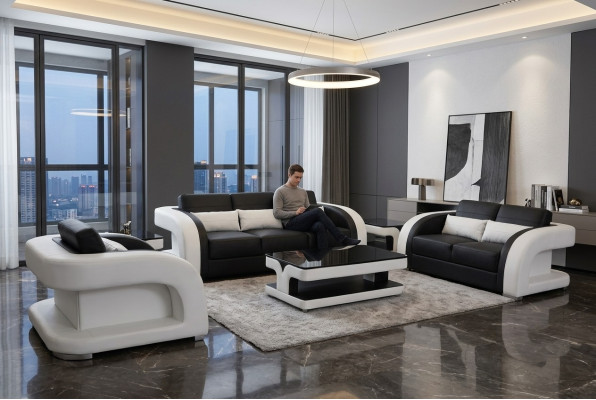 XXL Ensemble de salon en cuir paysage vivant Suite Design Canapé Moderne + USB Sets 3+2+1 nouveau
