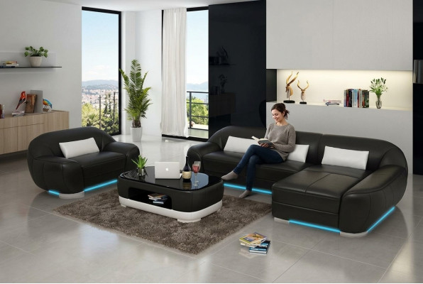 Canapé en cuir Canapé Paysage vivant Canapé d'angle + Fauteuil Suite d'angle avec USB Canapé design