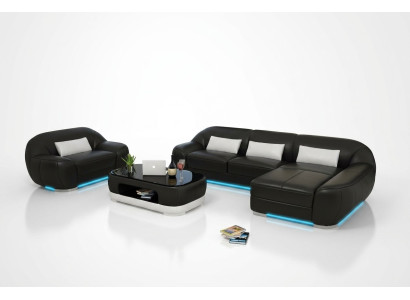 Canapé en cuir Canapé Paysage vivant Canapé d'angle + Fauteuil Suite d'angle avec USB Canapé design