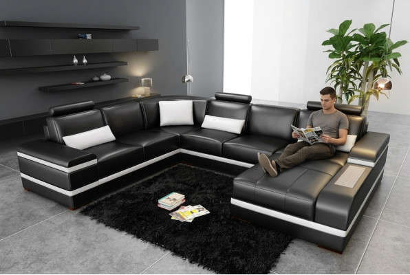 Canapé d'angle Canapé en cuir avec USB Grand canapé en forme de U XXL Paysage de vie LED de suite de canapé Sofa Couch.