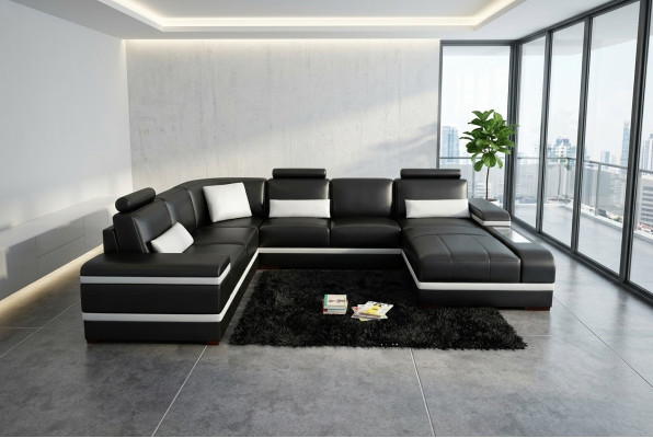 Canapé d'angle Canapé en cuir avec USB Grand canapé en forme de U XXL Paysage de vie LED de suite de canapé Sofa Couch.