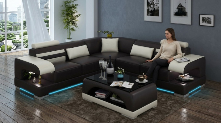 Canapé en cuir doux Paysage vivant Canapé d'angle Suite d'angle Design Canapé moderne USB