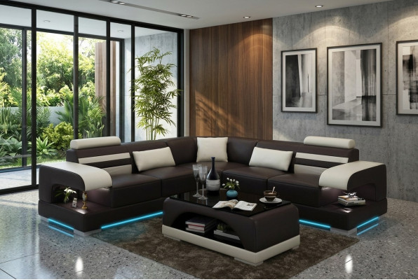 Canapé en cuir doux Paysage vivant Canapé d'angle Suite d'angle Design Canapé moderne USB