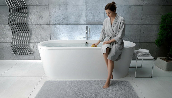 Baignoire ovale en acrylique. Baignoires exclusives de design autoportant pour une nouvelle salle de bain.
