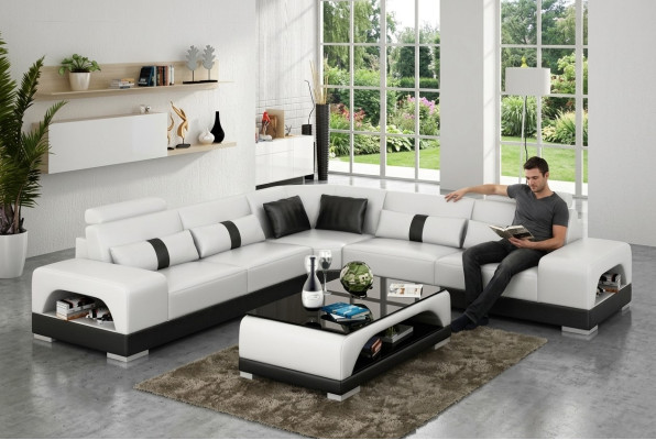 Canapé d'angle avec USB, canapé d'angle Living landscape, suite d'angle en cuir et textile Sandber.