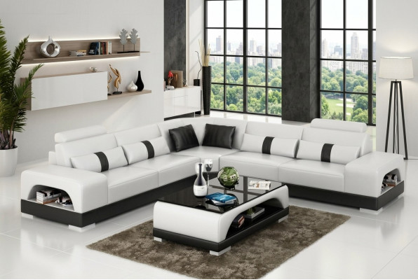 Canapé d'angle avec USB, canapé d'angle Living landscape, suite d'angle en cuir et textile Sandber.