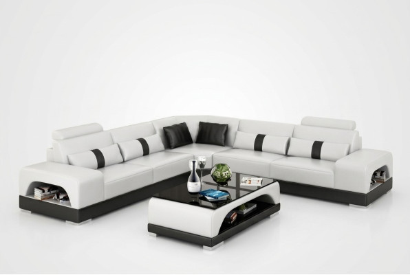 Canapé d'angle avec USB, canapé d'angle Living landscape, suite d'angle en cuir et textile Sandber.