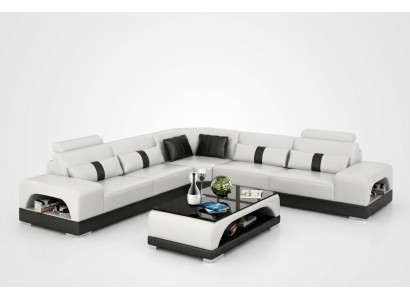 Canapé d'angle avec USB, canapé d'angle Living landscape, suite d'angle en cuir et textile Sandber.