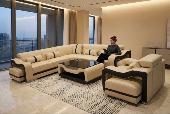 Obtenez le canapé d'angle moderne en cuir de luxe en forme de U pour votre salon