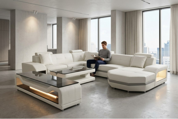 Canapé en cuir Canapé Rembourrage Angle Suite Paysage vivant Canapé en forme de U + USB
