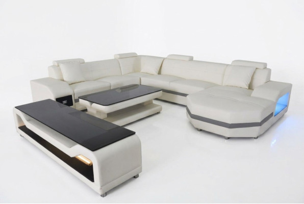 Canapé en cuir Canapé Rembourrage Angle Suite Paysage vivant Canapé en forme de U + USB