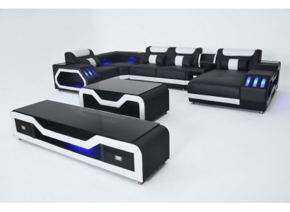 Canapé d'angle en cuir Design Sofa Living paysage + Table de canapé + Meuble TV USB neuf