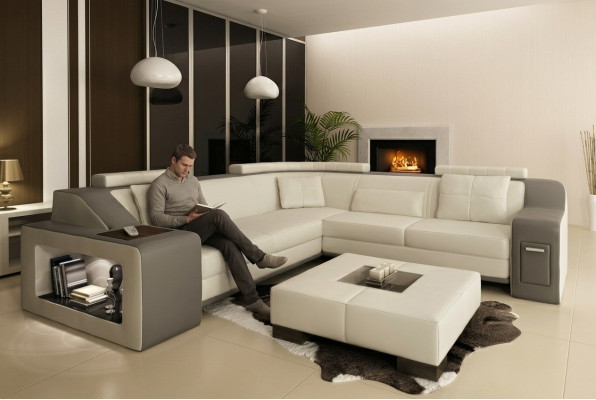 Canapé d'angle en cuir et en tissu avec USB, rembourrage de siège en L pour salon Isching.
