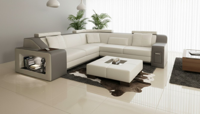 Canapé d'angle en cuir et en tissu avec USB, rembourrage de siège en L pour salon Isching.