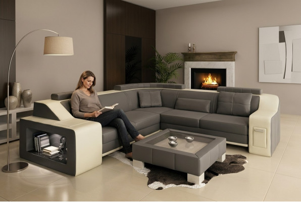 Canapé d'angle en cuir et textile avec USB Rembourrage Salon paysager L Siège Isching