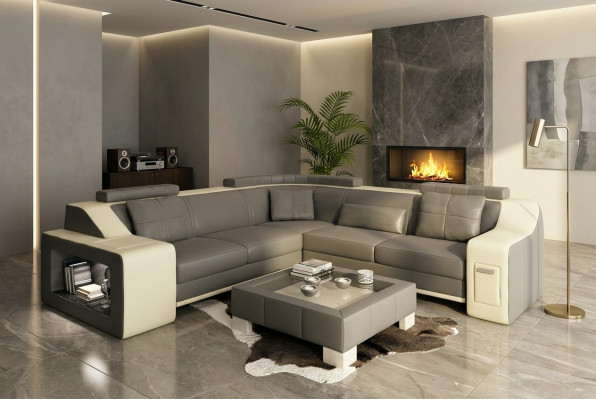 Canapé d'angle en cuir et textile avec USB Rembourrage Salon paysager L Siège Isching