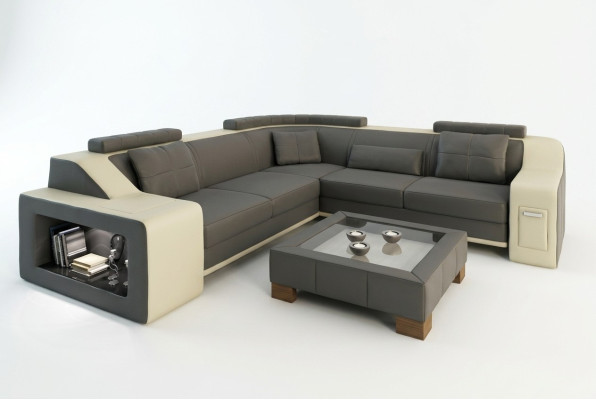 Canapé d'angle en cuir et textile avec USB Rembourrage Salon paysager L Siège Isching