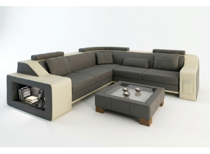 Canapé d'angle en cuir et textile avec USB Rembourrage Salon paysager L Siège Isching