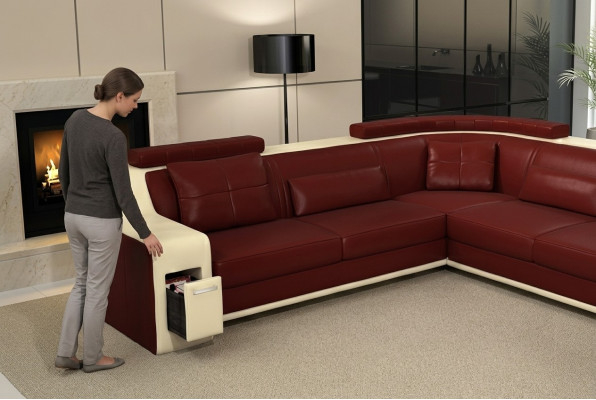 Canapé d'angle en cuir et textile avec USB - Fauteuil Rembourrage Salle de séjour en forme de L - Siège Ising