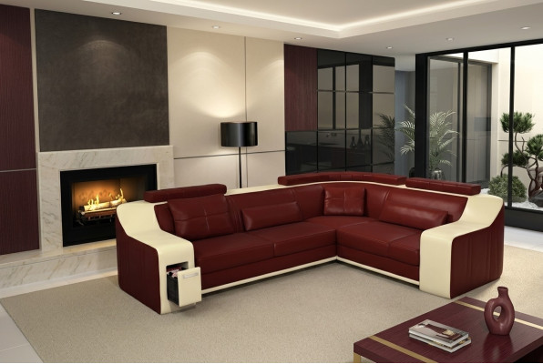 Canapé d'angle en cuir et textile avec USB - Fauteuil Rembourrage Salle de séjour en forme de L - Siège Ising