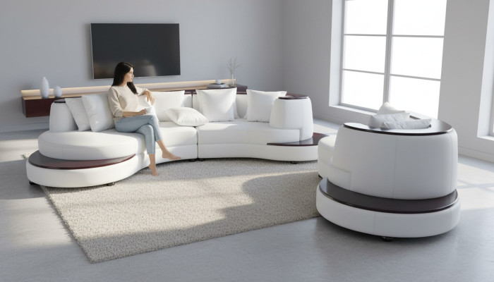 Suite de coin en cuir de luxe ronde de salon d'angle, canapé ronde XXL avec ports USB.