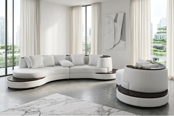Suite de coin en cuir de luxe ronde de salon d'angle, canapé ronde XXL avec ports USB.