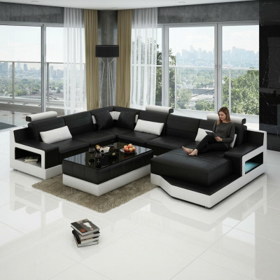 Canapé en cuir Canapé d'angle avec USB Suite de design Paysage vivant Coin Coussin d'assise Rembourrage Ulm