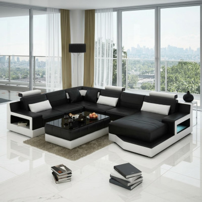 Canapé en cuir Canapé d'angle avec USB Suite de design Paysage vivant Coin Coussin d'assise Rembourrage Ulm