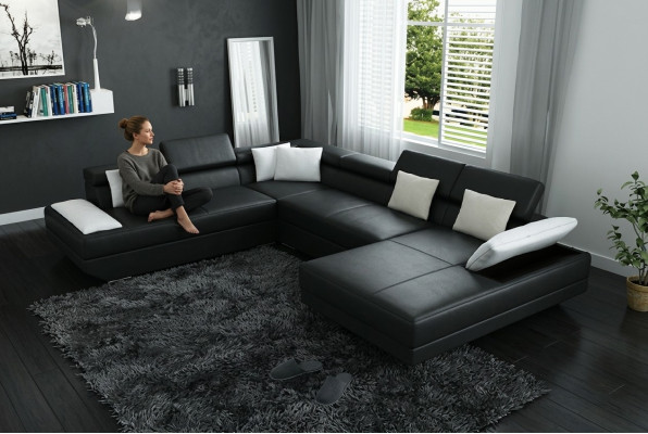 Canapé en cuir Canapé avec USB Revêtement suite d'angle Paysage vivant XXL Grand canapé d'angle 2719D