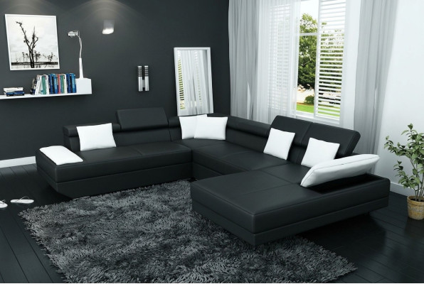 Canapé en cuir Canapé avec USB Revêtement suite d'angle Paysage vivant XXL Grand canapé d'angle 2719D