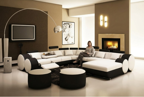 Canapé en cuir de designer avec USB XXL Paysage de vie grand canapé Coin rembourré Canapé d'angle Détente
