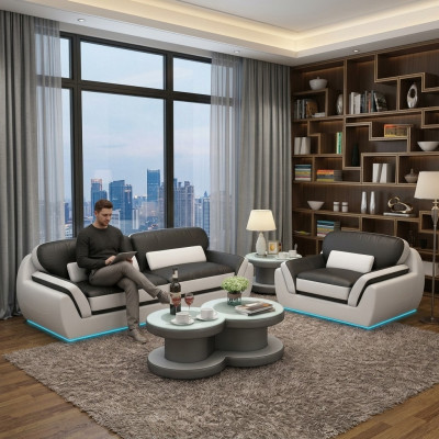 Canapé en cuir avec USB Ensemble de canapés 3+1 places Design Moderne nouveau Canapé G8038D